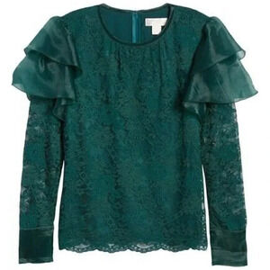 RACHEL PARCELL Size XS Green Lace Flutter Sleeve Top Blouse New!